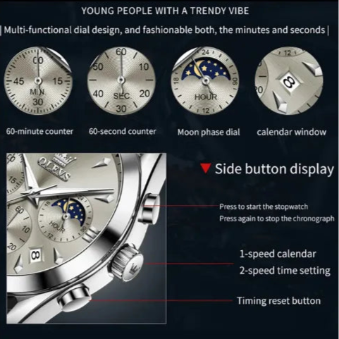 Functional diagram of the OLEVS Prestige Chronograph Silver White watch displaying 60-minute counter, 60-second counter, moon phase dial, calendar window, and labelled side buttons for stopwatch and time adjustment.