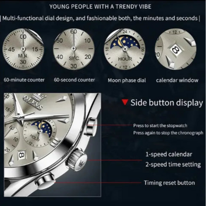 Functional diagram of the OLEVS Prestige Chronograph Silver White watch displaying 60-minute counter, 60-second counter, moon phase dial, calendar window, and labelled side buttons for stopwatch and time adjustment.