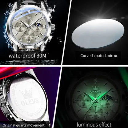 Feature collage of the OLEVS Prestige Chronograph Silver White watch showcasing 30-metre waterproof capacity, curved coated mirror, luminous hands, and original quartz movement.