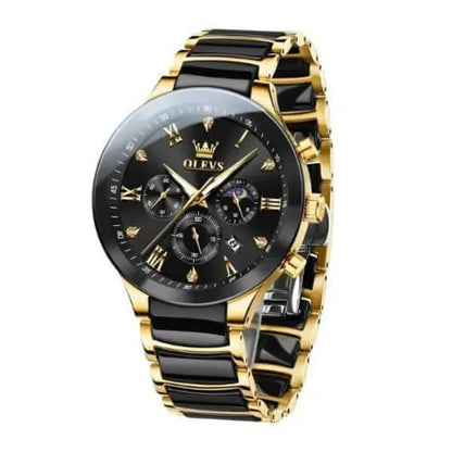 Elegant OLEVS Regal Chronograph Black and Gold watch featuring a black dial with gold Roman numerals, three chronograph sub-dials, date window, and a polished black-and-gold stainless-steel bracelet.