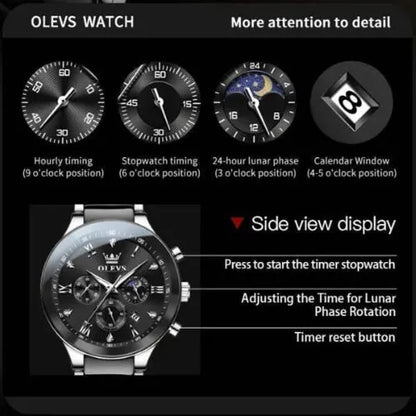 Instruction diagram of the OLEVS Regal Chronograph watch showing sub-dials for hourly timing, stopwatch timing, 24-hour lunar phase, and date window. Includes side view controls for starting the stopwatch, adjusting lunar phase, and resetting the timer. 