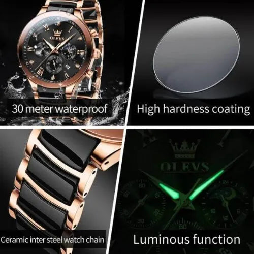 Feature collage of the OLEVS Regal Chronograph Rose Gold watch showing its 30-metre waterproof design, high-hardness coated glass, ceramic inter-steel bracelet, and luminous hands for night visibility