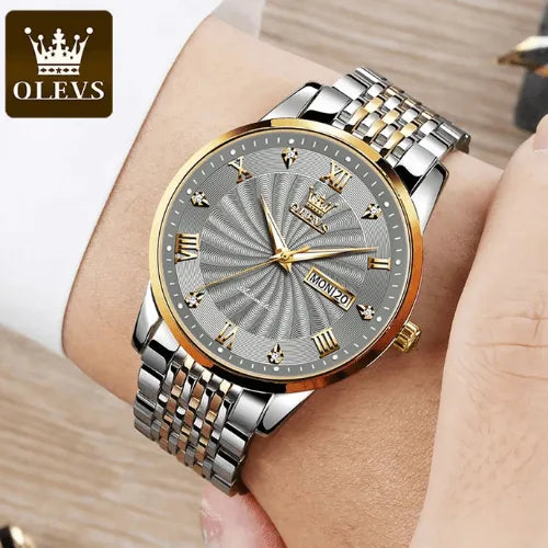 Men’s automatic silver gold watch with luminous hands and scratch-resistant glass.