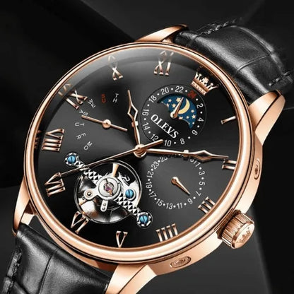 Men’s automatic rose-gold wristwatch with black dial, Roman numerals, moon phase window and open-heart design.