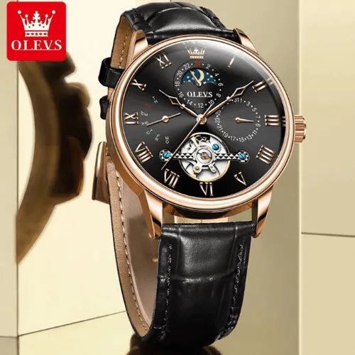 Stylish rose-gold men’s mechanical watch featuring black dial, tourbillon movement and leather strap.
