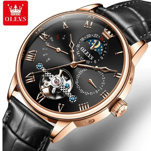 Luxury rose-gold men’s automatic watch with tourbillon, Roman numeral markers and leather strap.