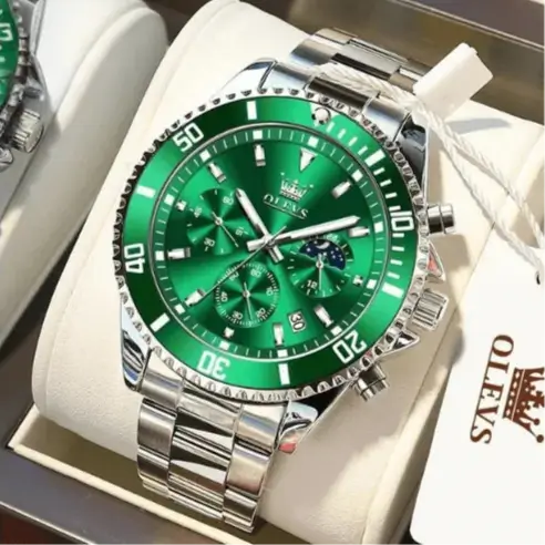 Close-up of the OLEVS Sentinel Chronograph Green Silver watch featuring a vivid green dial with three sub-dials, moon phase indicator, date display, and a polished stainless-steel bracelet.