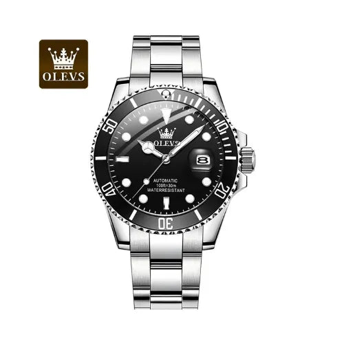 Men’s automatic diver watch in silver and black with stainless steel bracelet and luminous dial – Olevs UK.