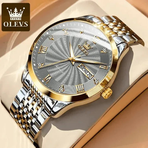 Luxury men’s automatic watch in silver and gold with Roman numerals and day-date display.