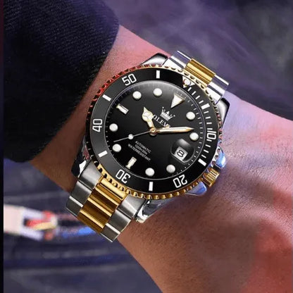 Men’s automatic diver watch silver and gold with luminous black dial, stainless steel bracelet and waterproof design – Olevs UK.