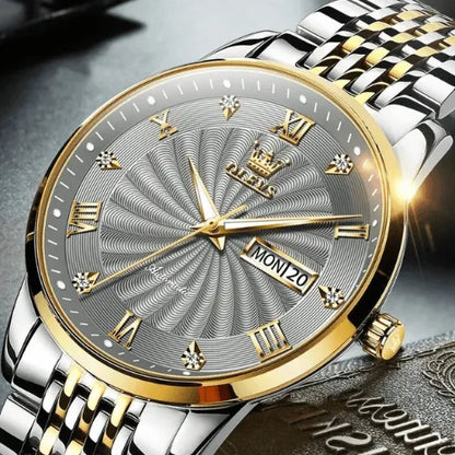Stylish men’s silver and gold mechanical watch with HD luminous markers, waterproof build, and high-hardness coated glass.