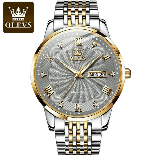 Luxury men’s automatic wristwatch in silver and gold tones, featuring luminous hands, day-date function, and durable stainless steel band.