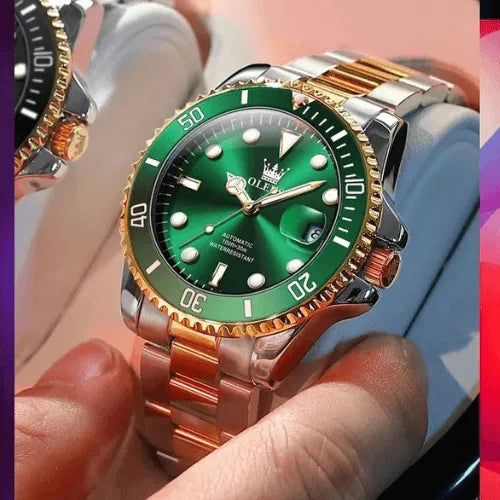 Men’s stainless steel automatic watch with luminous green dial, worn casually with red and black outfit.