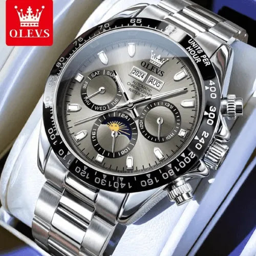 Luxury automatic watch for men with grey dial, date window and silver stainless steel strap
