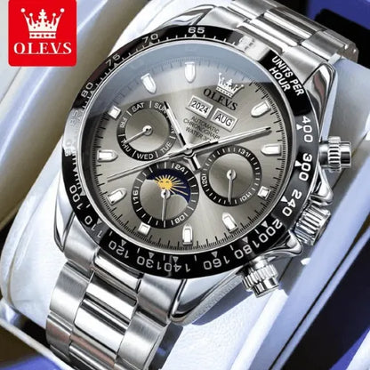 Luxury automatic watch for men with grey dial, date window and silver stainless steel strap