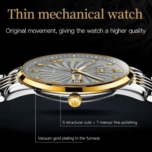 Thin automatic watch in silver gold tones with polished stainless steel bracelet.