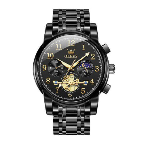 Titan black gold chronograph watch with stainless steel bracelet and multifunction dial.