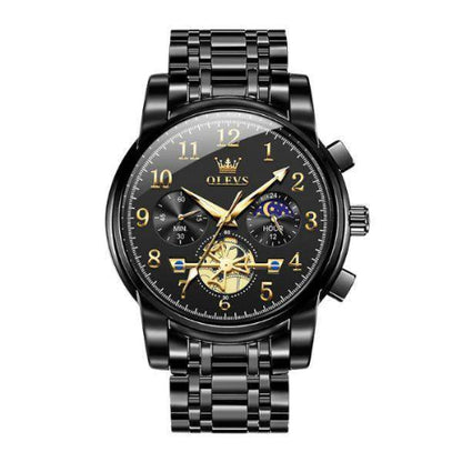 Titan black gold chronograph watch with stainless steel bracelet and multifunction dial.