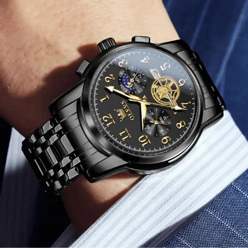  Titan men’s black gold chronograph watch on wrist, featuring luminous hands and bold luxury design.
