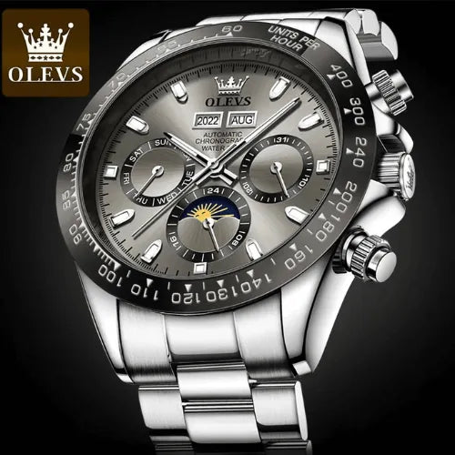 Men’s chronograph automatic watch with grey dial, black bezel and stainless steel bracelet.