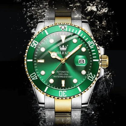 Men’s stainless steel automatic watch with luminous green dial and waterproof performance up to 30 metres.