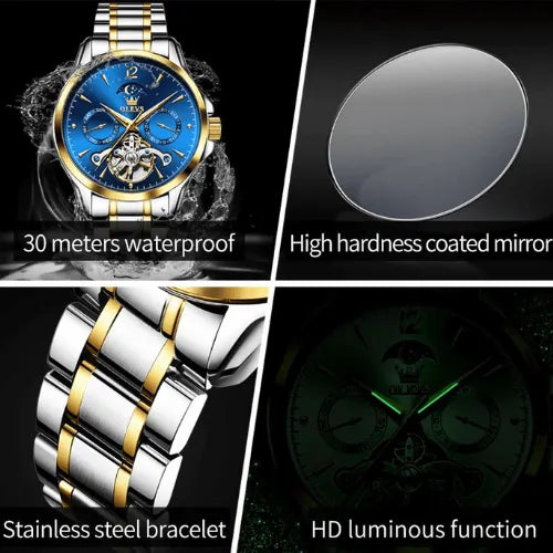 Stainless steel men’s automatic watch with white dial, moon phase, luminous hands and 30M water resistance.