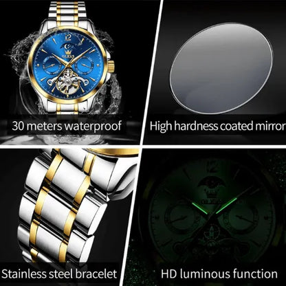 Stainless steel men’s automatic watch with white dial, moon phase, luminous hands and 30M water resistance.