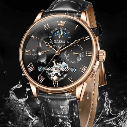 Luxury rose-gold men’s watch with moon phase, tourbillon display and 30m waterproof performance.