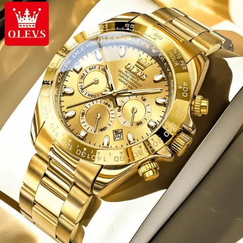 Classic gold automatic watch with full gold dial and chronograph, luxury men’s timepiece in presentation box.