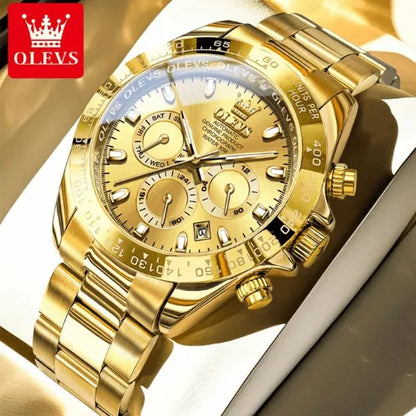 Classic gold automatic watch with full gold dial and chronograph, luxury men’s timepiece in presentation box.