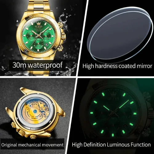 Classic Gold Automatic Watch features collage with waterproof performance, luminous hands, coated glass and mechanical movement.