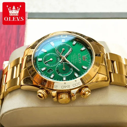 Green dial Classic Gold Automatic Watch with polished gold stainless steel case, luxury men’s design.