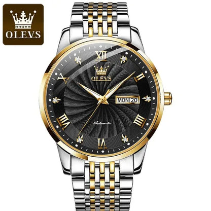 Luxury Men’s Automatic Watch with black dial, gold accents and stainless steel bracelet – elegant men’s watch.