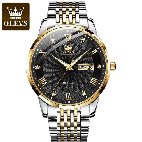 Luxury Men’s Automatic Watch with black dial, gold accents and stainless steel bracelet – elegant men’s watch.