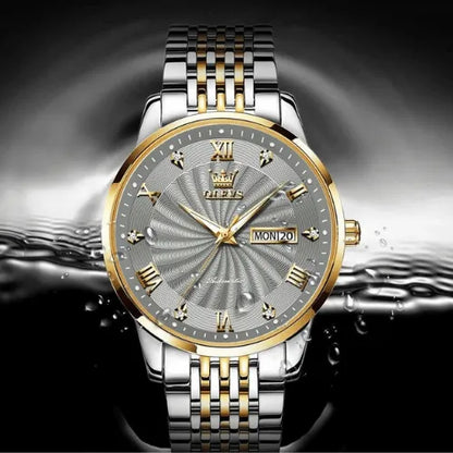 Luxury men’s automatic watch with silver dial, gold accents and waterproof stainless steel case.