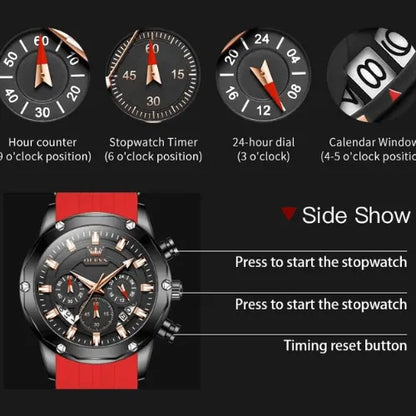 Men’s chronograph sports watch with hour counter, stopwatch, 24-hour dial, calendar window and side button functions.