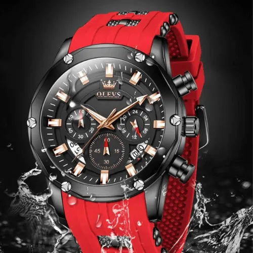 Water-resistant men’s chronograph Flame Racer watch with red strap and luminous dial.