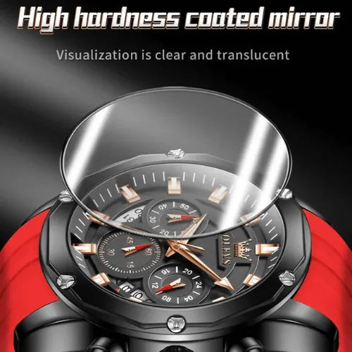 Close-up of men’s chronograph Flame Racer watch with high hardness coated glass, scratch-resistant and durable.