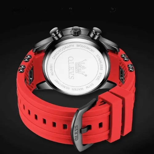 Back view of Flame Racer men’s chronograph with stainless steel caseback and red silicone strap.