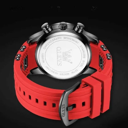 Back view of Flame Racer men’s chronograph with stainless steel caseback and red silicone strap.