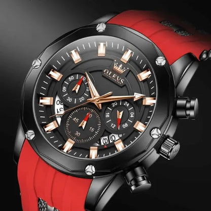 Close-up of Flame Racer men’s chronograph watch face with black dial, subdials and rose gold hands.