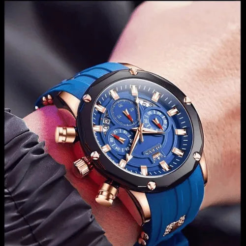 en’s chronograph Ocean Drive watch with blue dial and silicone strap worn on wrist.