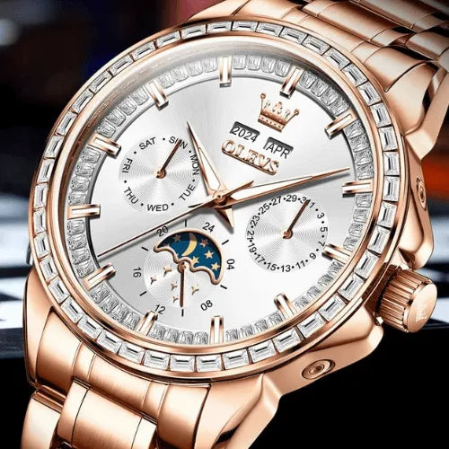 Close-up of Men’s Luxury Automatic Watch Rose White highlighting moon phase and sub-dials.