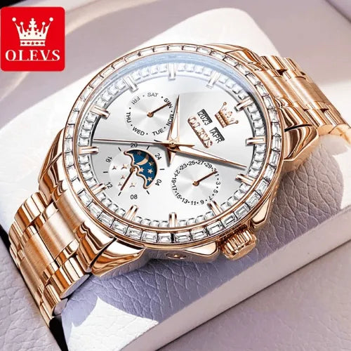 Men’s Luxury Automatic Watch Rose White front view with white dial and rose gold stainless steel bracelet.