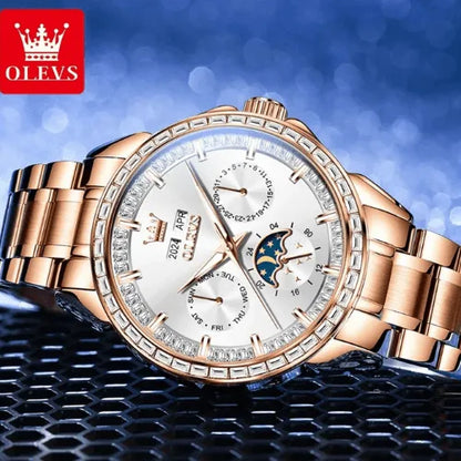 Men’s Luxury Automatic Watch Rose White displayed horizontally with polished rose gold finish.