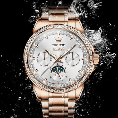 Men’s Luxury Automatic Watch Rose White waterproof design with classic white dial.