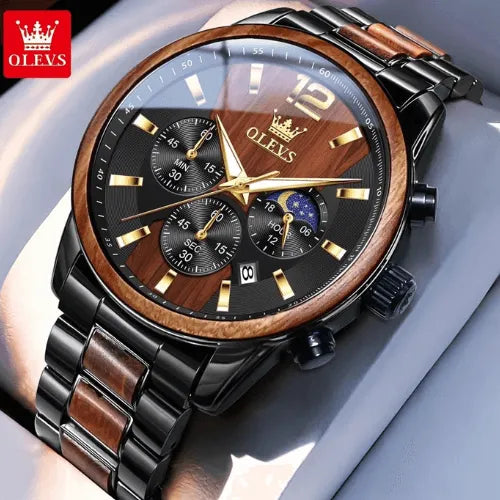 Men’s luxury chronograph watch with wood accents and moon phase display