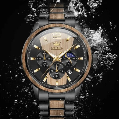 Water-resistant men’s chronograph watch with wood accents, moon phase dial and luxury stainless steel bracelet.