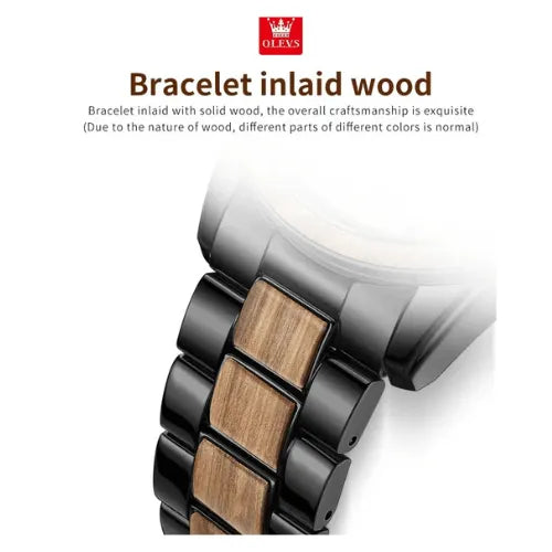 Close-up of men’s chronograph watch bracelet with stainless steel and solid wood inlay craftsmanship.