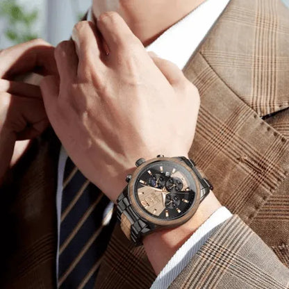 Stylish business outfit paired with a men’s moon phase chronograph watch